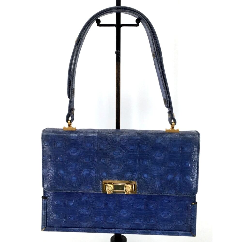 Vintage Italian Blue Embossed Leather Structured Handbag Made in Italy